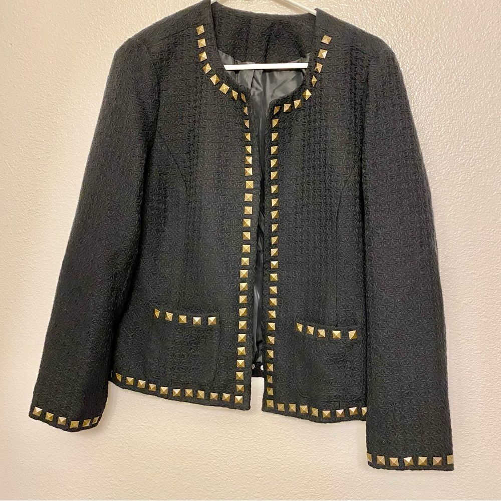 Fashion Blazer black goth thick textured no collar bronze studded suit jacket  M